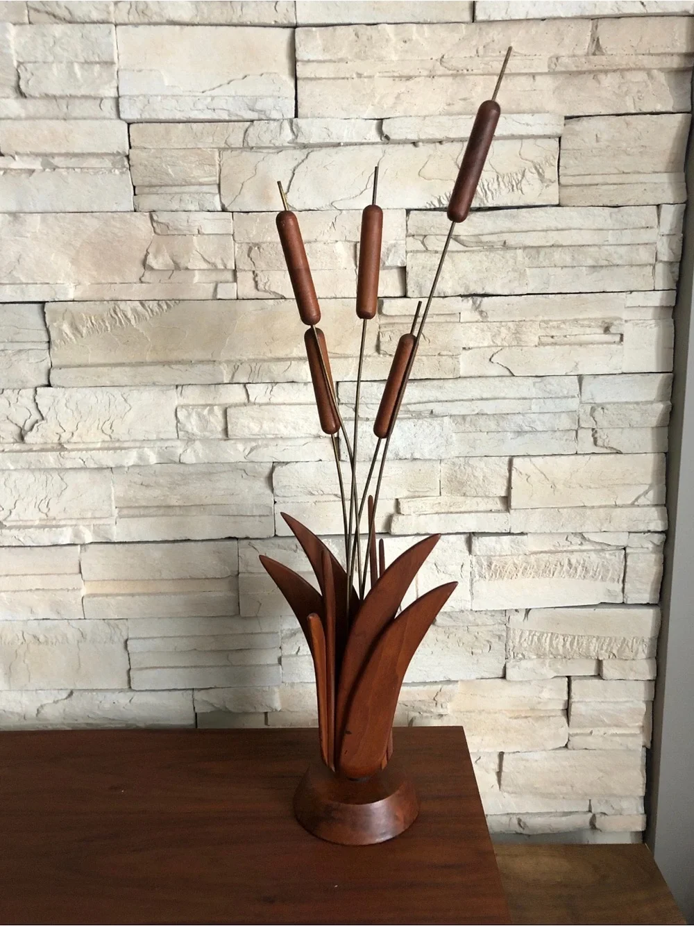 Stunning Rare Mid Century Modern Teak and Brass Cattail Sculpture - Picture 3 of 6